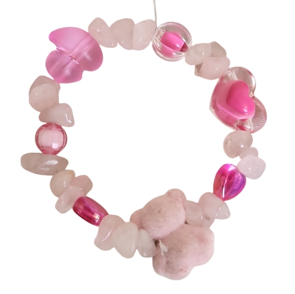 Hand Crafted Pink Quartz Acrylic Heart Pink Flocked Bear Bracelet - Picture 2 of 2